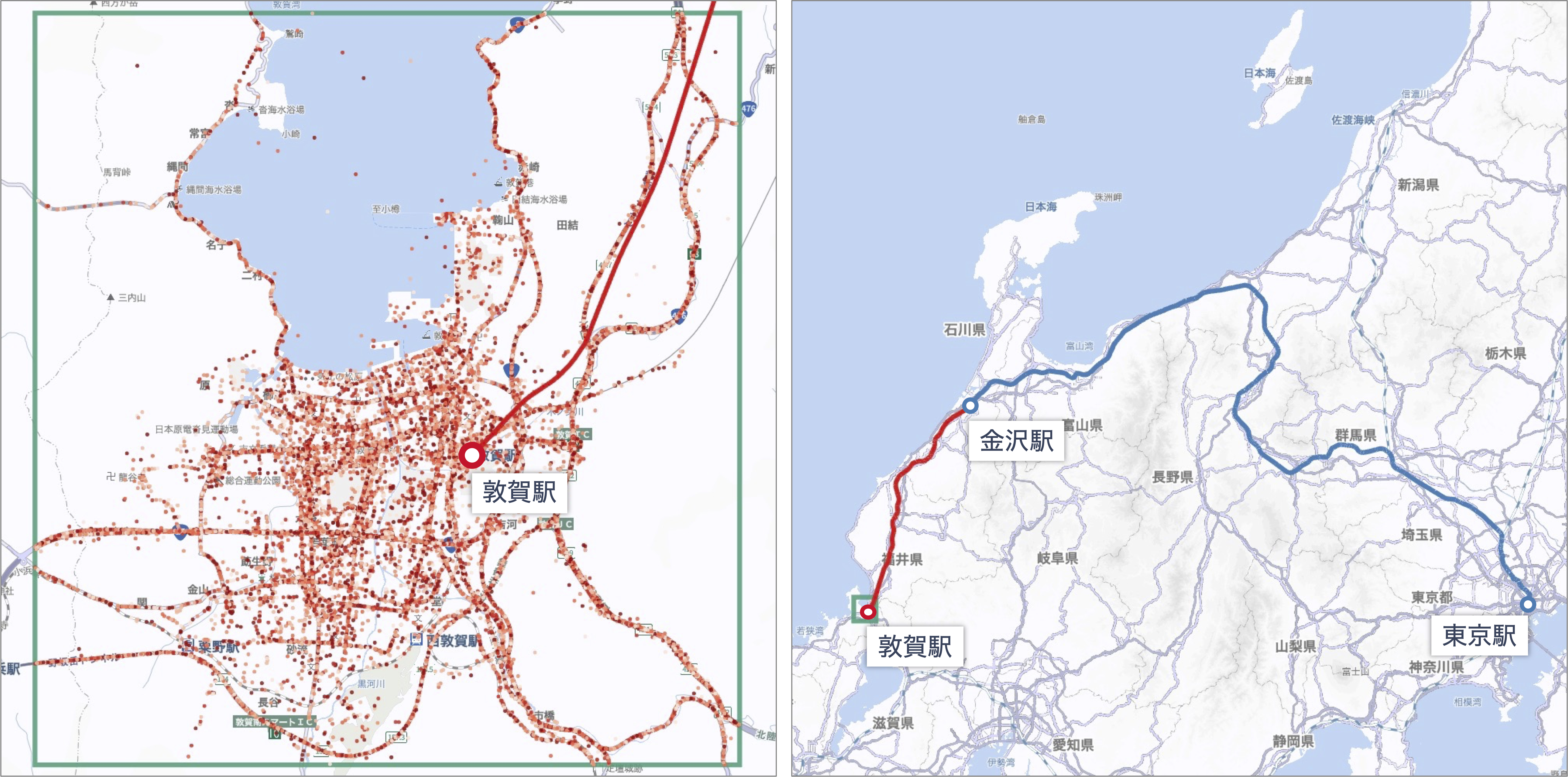 図1：敦賀市街の人流データ（左）と北陸新幹線の路線（右）